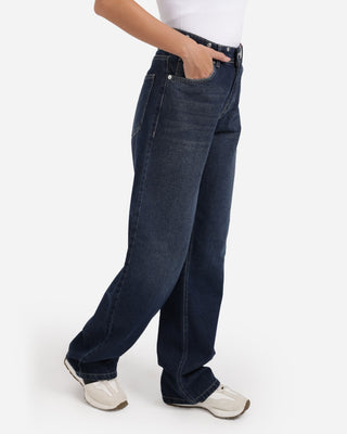 Studded Pleated Wide Leg Dark Blue Casual Jeans