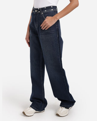 Studded Pleated Wide Leg Dark Blue Casual Jeans