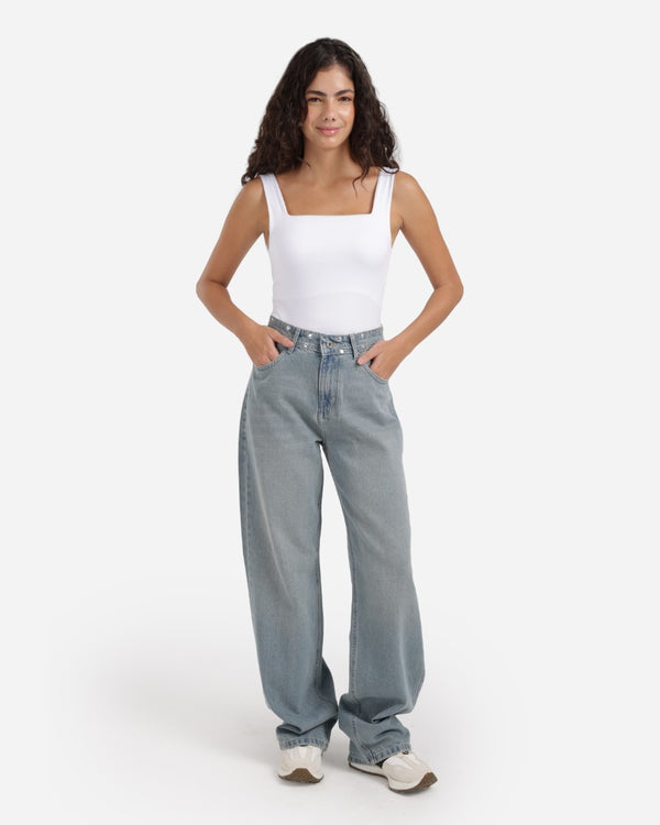 Studded Pleated Wide Leg Dirty Blue Casual Jeans