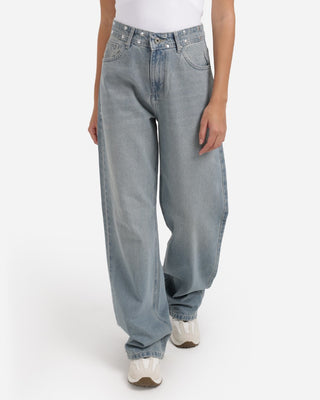 Studded Pleated Wide Leg Dirty Blue Casual Jeans