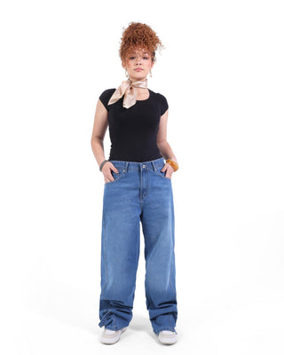 Wide Leg Medium Blue Casual Jeans