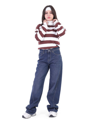 Wide Leg With Strap Dark Blue Casual Jeans