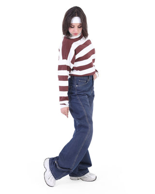 Wide Leg With Strap Dark Blue Casual Jeans