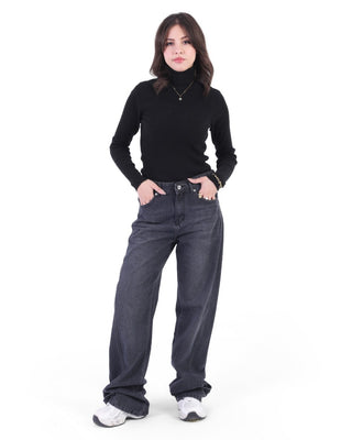 Wide Leg With Strap Dark Grey Casual Jeans