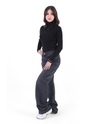 Wide Leg With Strap Dark Grey Casual Jeans