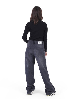 Wide Leg With Strap Dark Grey Casual Jeans