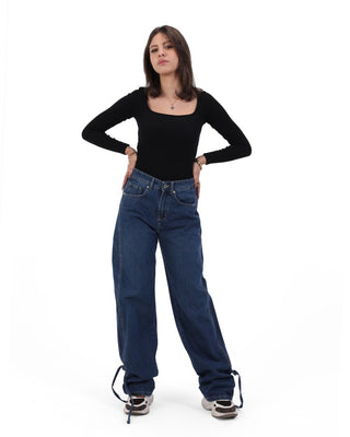 Wide Leg Dark Blue Casual Jeans
