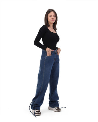 Wide Leg Dark Blue Casual Jeans