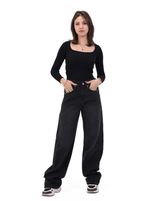 Wide Leg Dark Grey Casual Jeans
