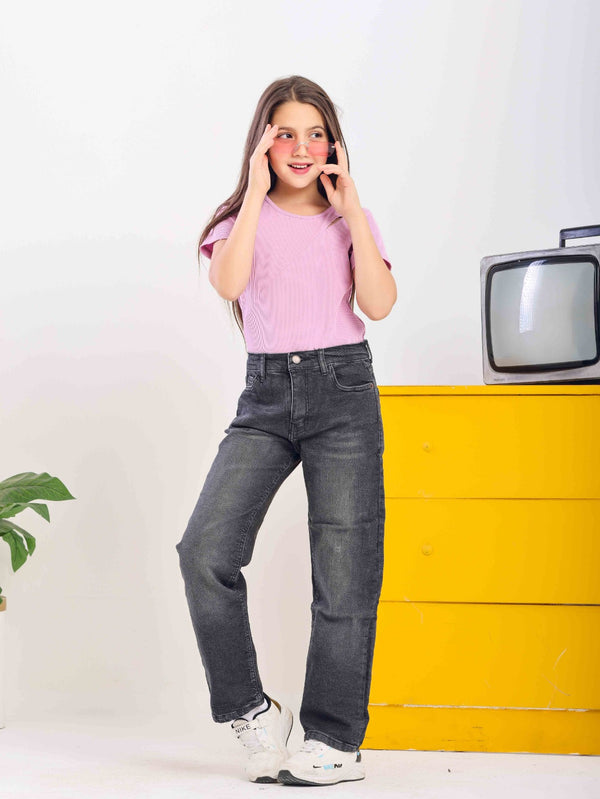 Girls Straight Fit Grey Casual Jeans