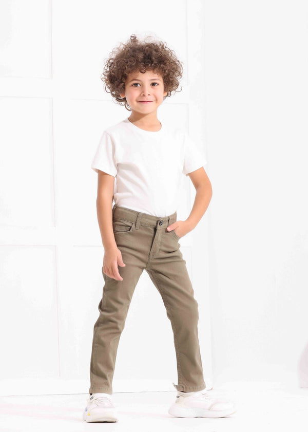 Boys Skinny Fit Olive Green  Casual Gabardine