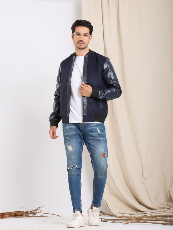 Dark Blue Casual Leather Jacket