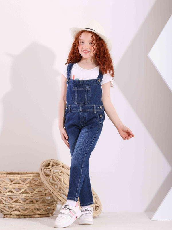 Girls Dark Blue Casual Jeans Jumpsuit