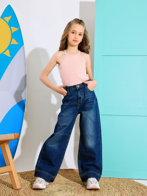 Wide Leg Dark Blue Casual Jeans With Belt