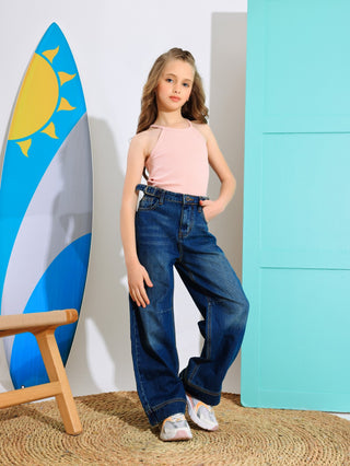 Wide Leg Dark Blue Casual Jeans With Belt