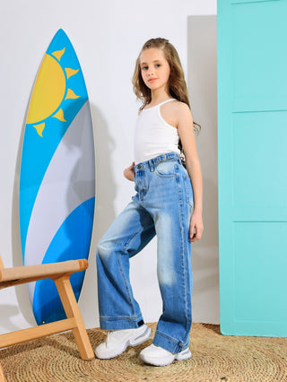 Wide Leg Light Blue Casual Jeans With Belt