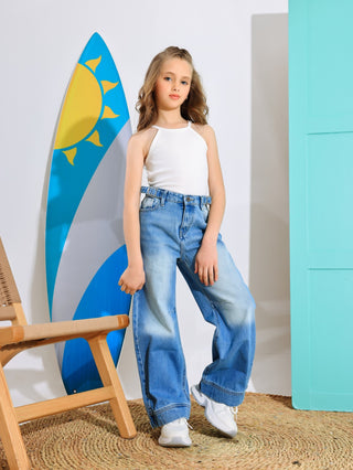 Wide Leg Light Blue Casual Jeans With Belt