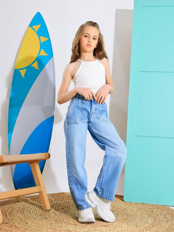 Wide Leg Light Blue Casual Jeans