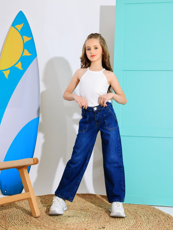 Wide Leg Dark Blue Casual Jeans
