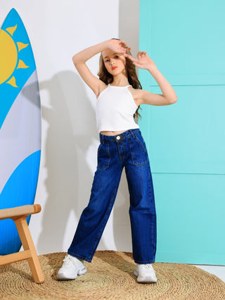 Wide Leg Dark Blue Casual Jeans