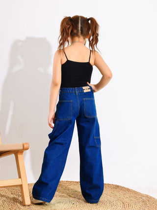 Wide Leg Dark Blue Casual Jeans With Stripe