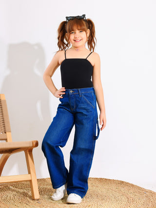 Wide Leg Dark Blue Casual Jeans With Stripe
