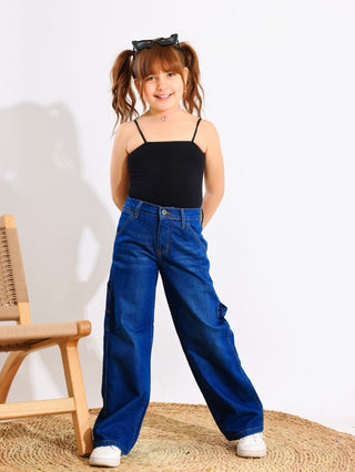 Wide Leg Dark Blue Casual Jeans With Stripe
