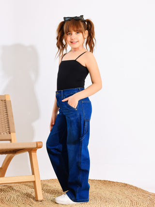 Wide Leg Dark Blue Casual Jeans With Stripe