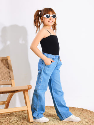 Wide Leg  Light Blue Casual Jeans With Stripe