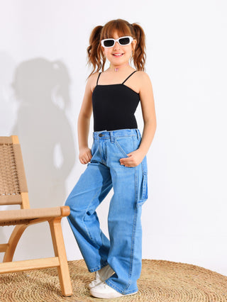 Wide Leg  Light Blue Casual Jeans With Stripe