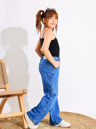 Wide Leg Light Blue Casual Jeans With Stripe