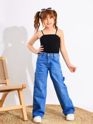 Wide Leg Light Blue Casual Jeans With Stripe