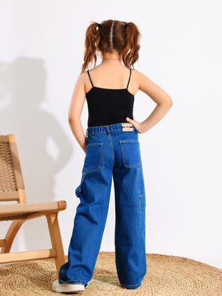 Wide Leg  Blue Casual Jeans With Stripe