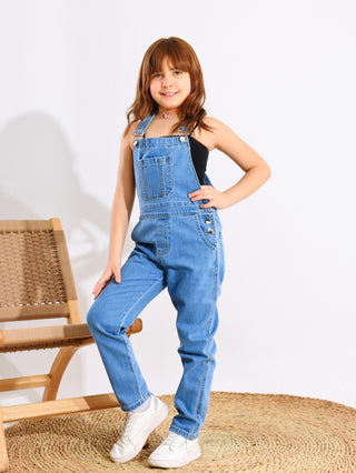 Girls Med Blue Casual Jeans Jumpsuit