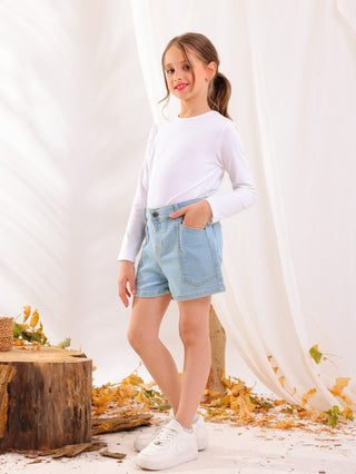 Girls Ice Blue Casual Jeans Shorts