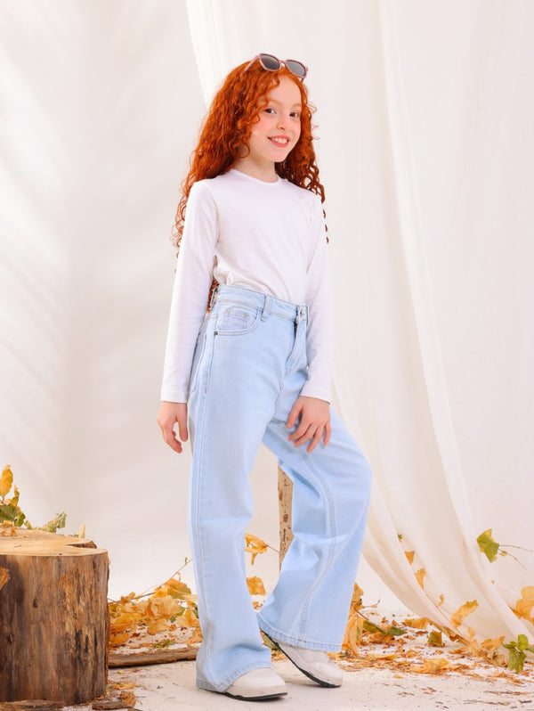 Wide Leg Ice Blue Casual Jeans