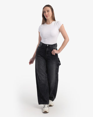 Wide Leg With Stripe Dark Grey Casual Jeans