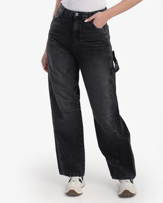 Wide Leg With Stripe Dark Grey Casual Jeans