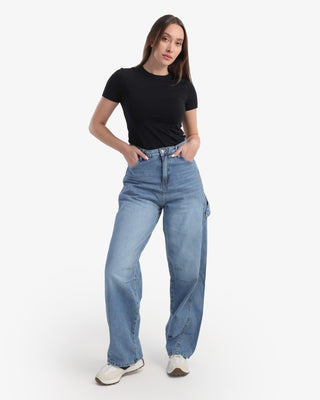 Wide Leg With Stripe Blue Casual Jeans