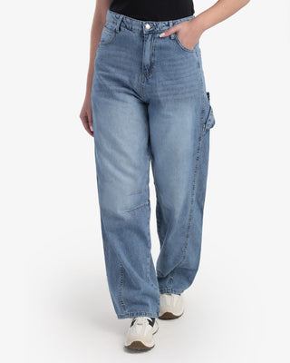 Wide Leg With Stripe Blue Casual Jeans
