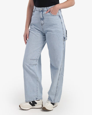 Wide Leg With Stripe Ice Blue Casual Jeans