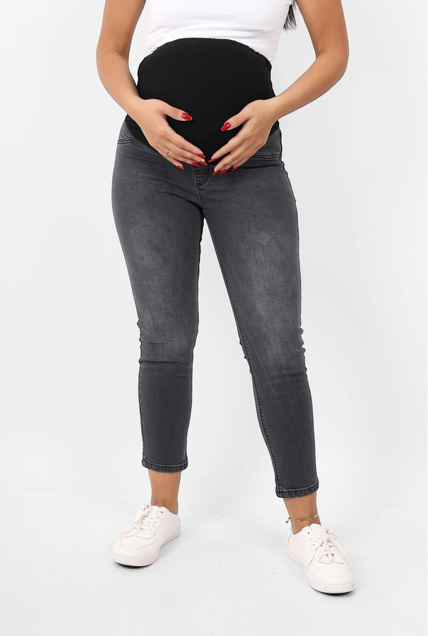Skinny Fit High Waist Maternity Trousers With Comfortable Elastic (Grey Pregnancy Casual Jeans)