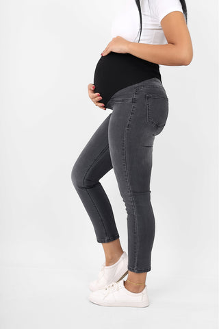 Skinny Fit High Waist Maternity Trousers With Comfortable Elastic (Grey Pregnancy Casual Jeans)