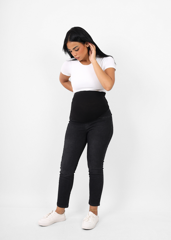 Skinny Fit High Waist Maternity Trousers With Comfortable Elastic (Dark Grey Pregnancy Casual Jeans)