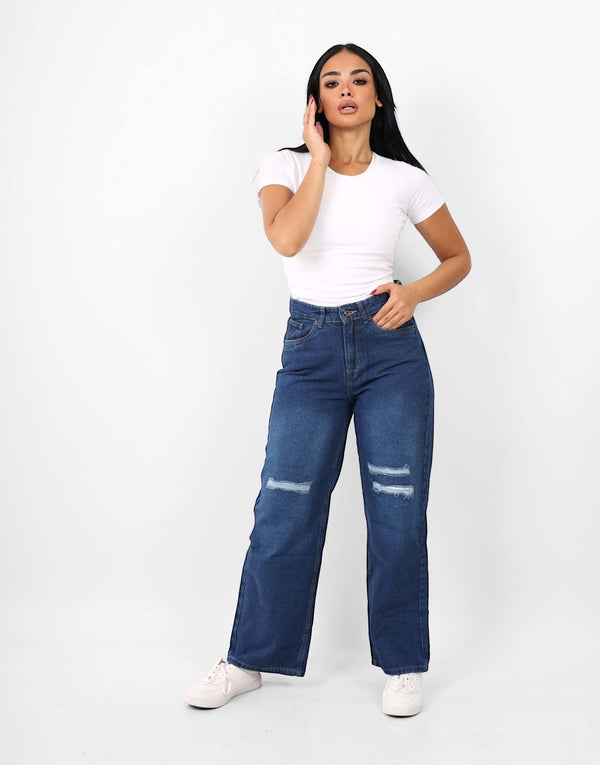 Wide Leg Blue Cutting Casual Jeans