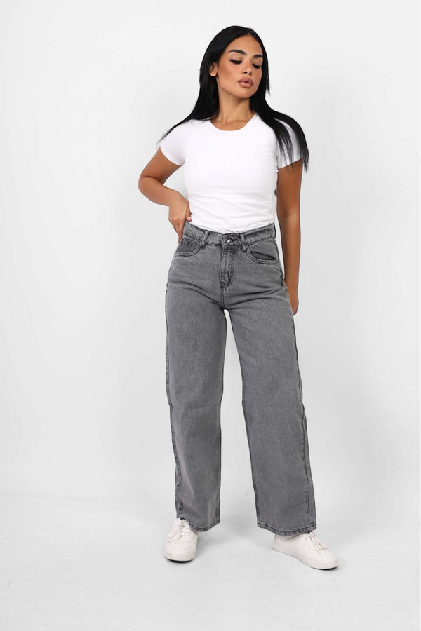 Wide Leg Grey Casual Jeans