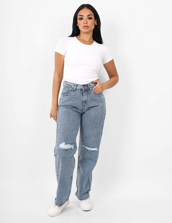 Wide Leg Light Blue Cutting Casual Jeans