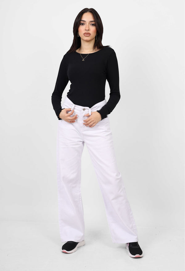 Wide Leg White Casual Gabardine