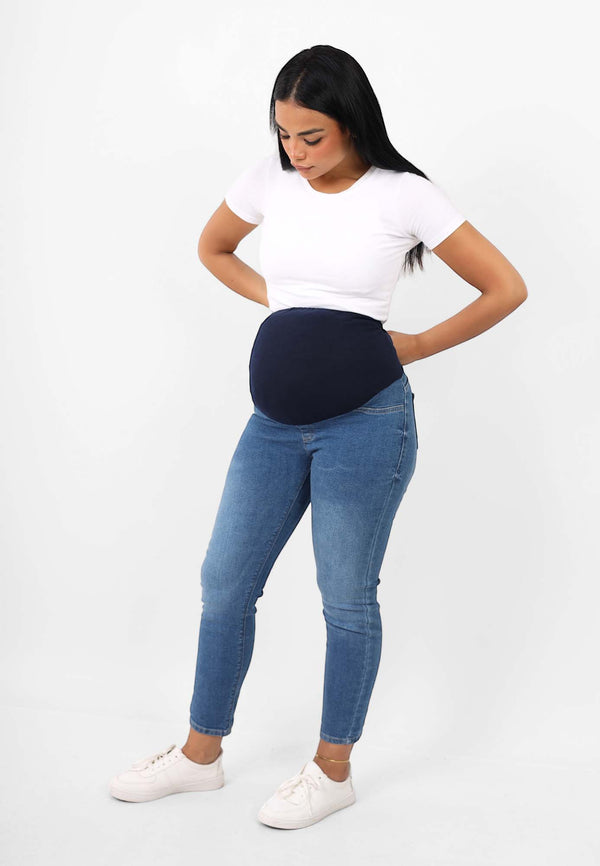 Skinny Fit High Waist Maternity Trousers With Comfortable Elastic (Blue Pregnancy Casual Jeans)
