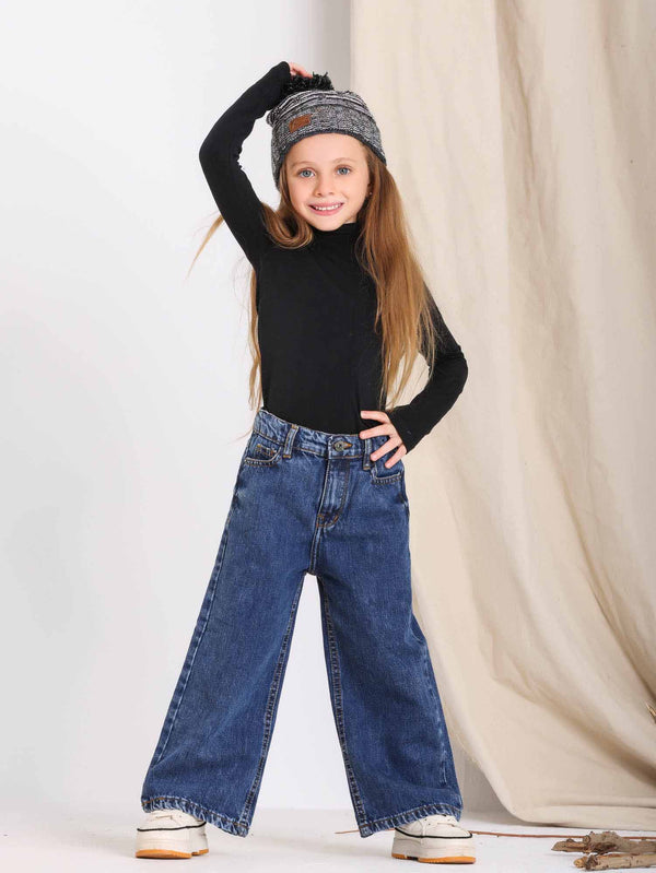 Wide Leg Dark Blue Casual Jeans